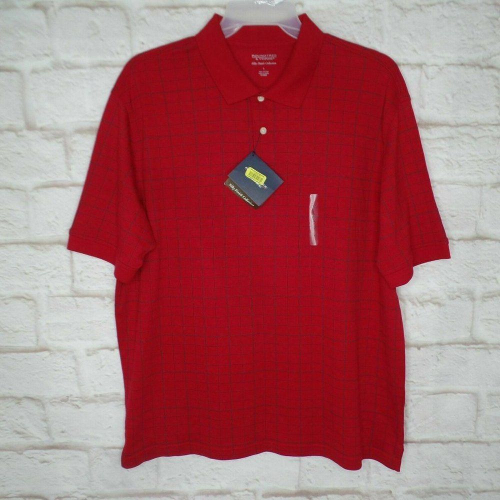 Roundtree Yorke Silky Finish Red Windowpane Cotton Polo Shirt Sz L Large